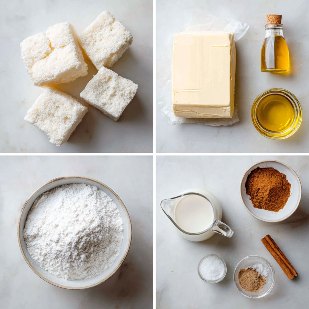 Ingredients for Angel Cake Churro Bites arranged in a 4-panel flat lay on a white marble kitchen counter.