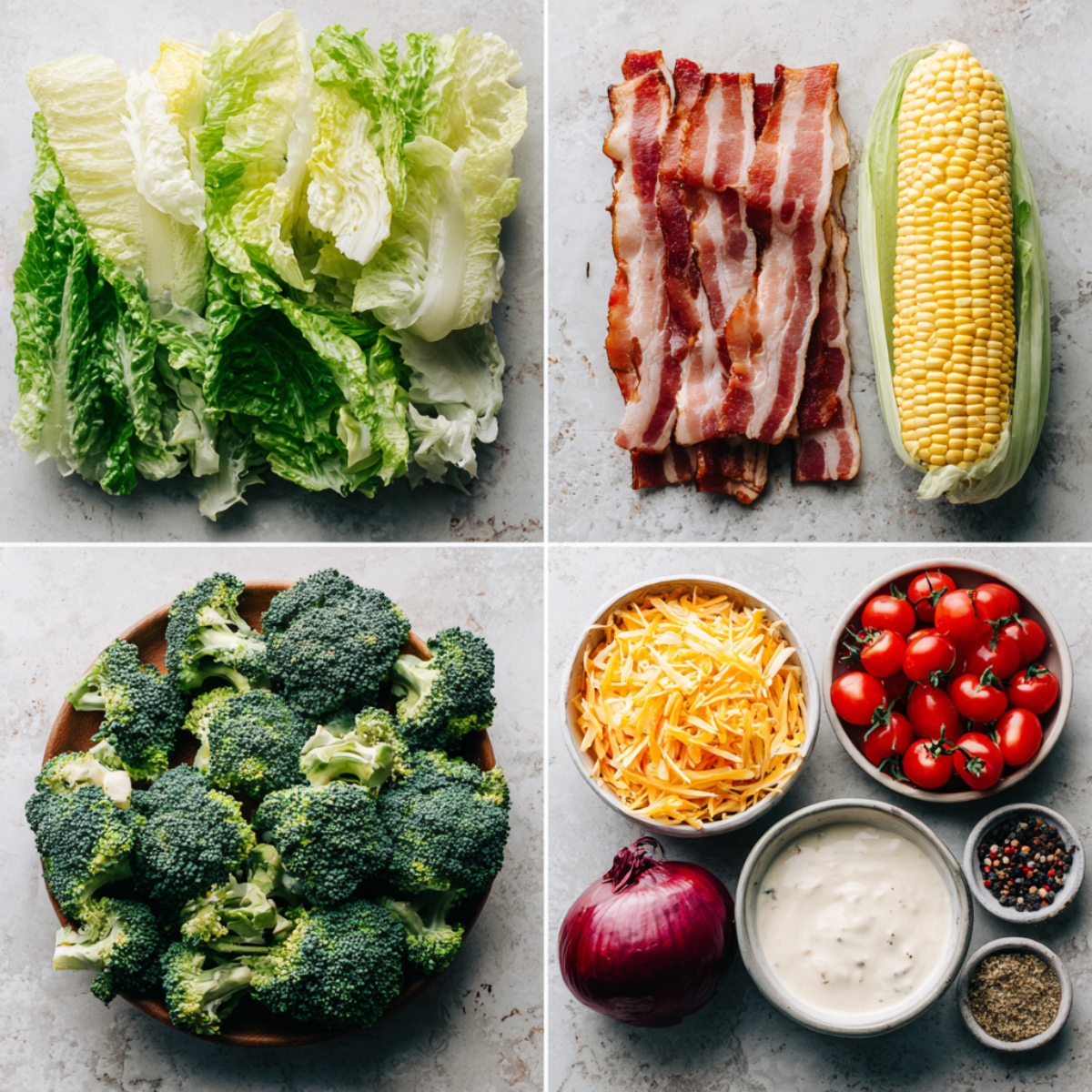Ingredients for Bacon Ranch Chopped Salad arranged in a 4-panel flat lay on a white marble kitchen counter.