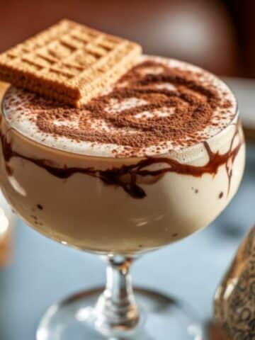 Baileys tiramisu martini in a coupe glass with chocolate drizzle inside the glass, topped with cocoa powder foam and a wafer cookie garnish.