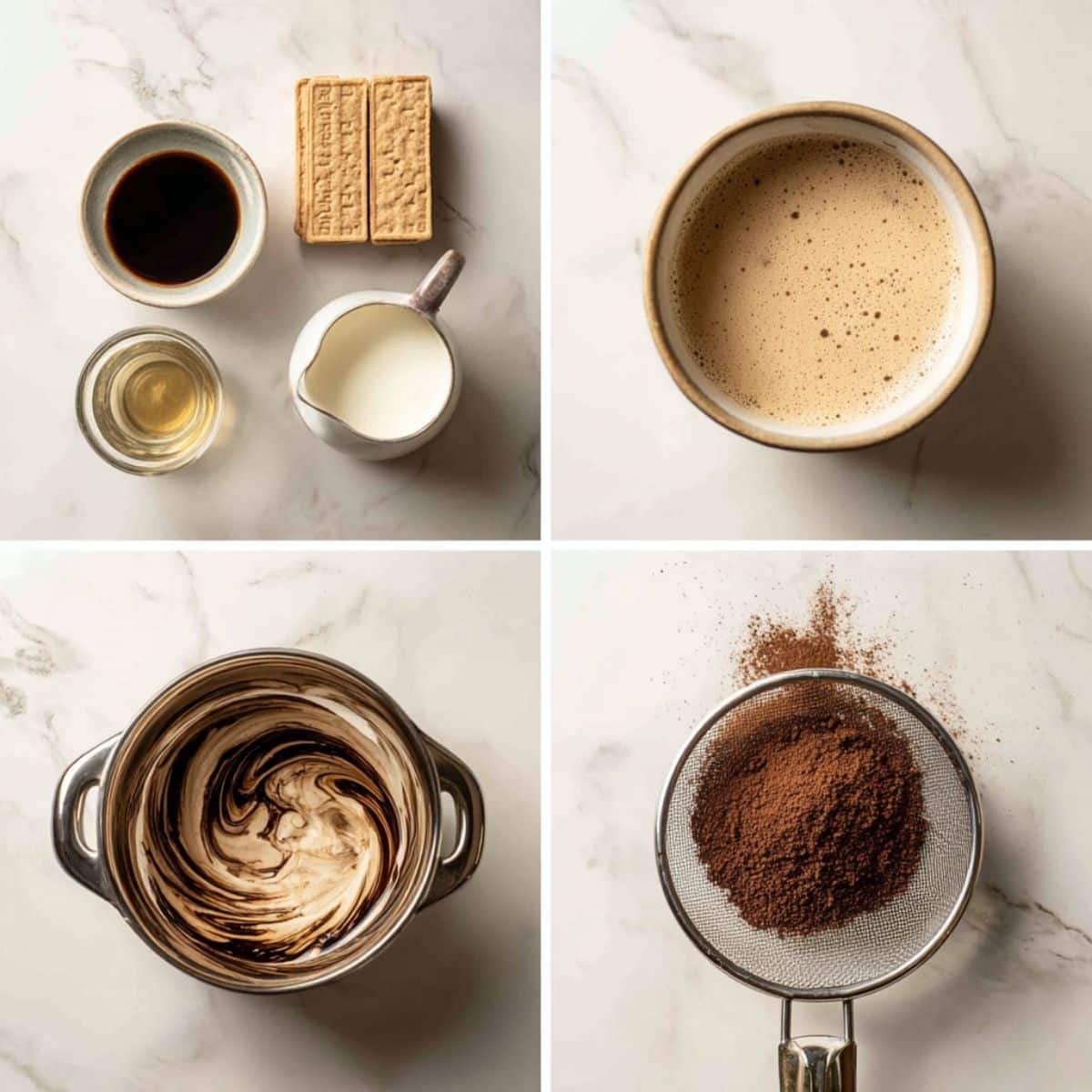 Ingredients for Baileys Tiramisu Martini arranged in a 4-panel flat lay on a white marble kitchen counter.