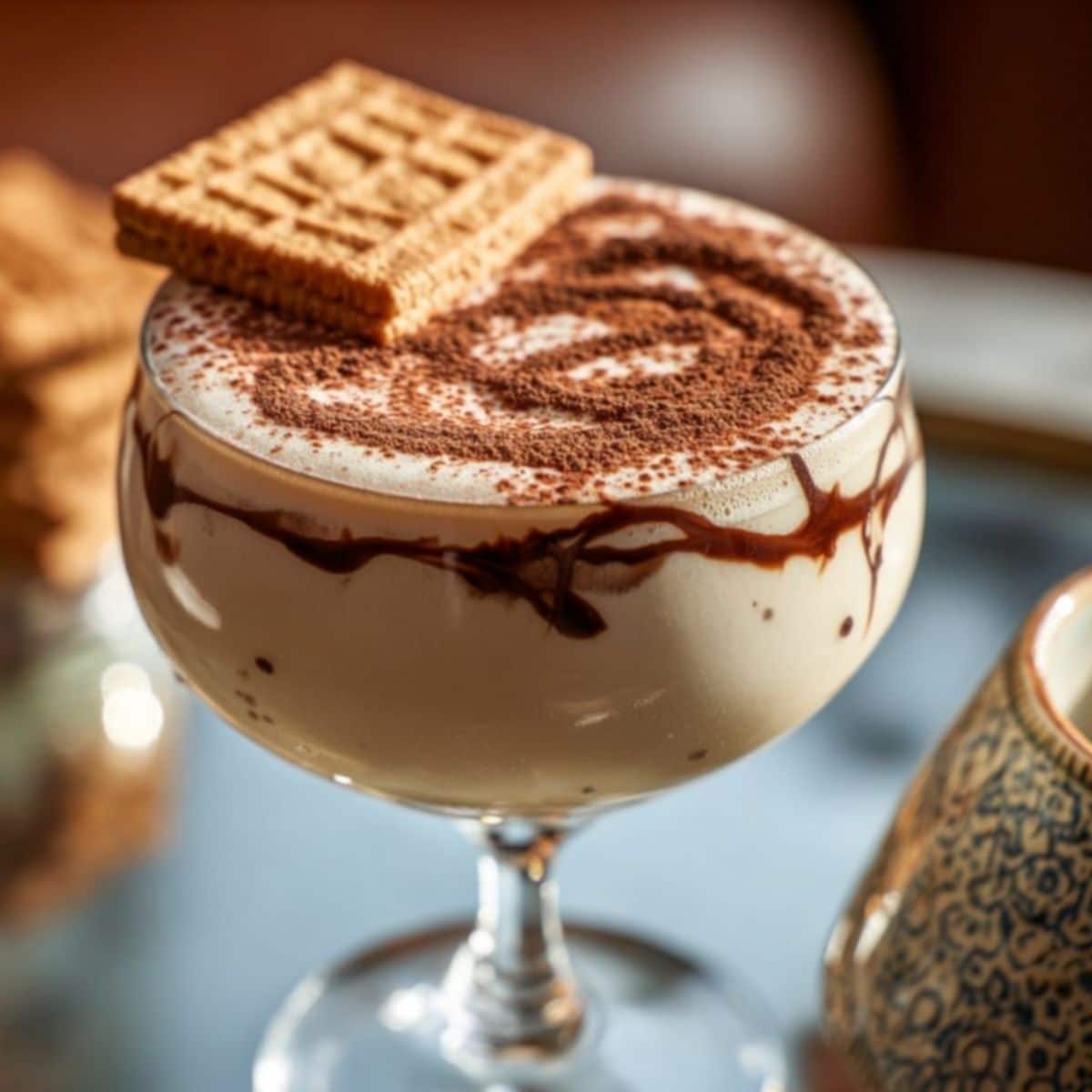 Baileys tiramisu martini in a coupe glass with chocolate drizzle inside the glass, topped with cocoa powder foam and a wafer cookie garnish.