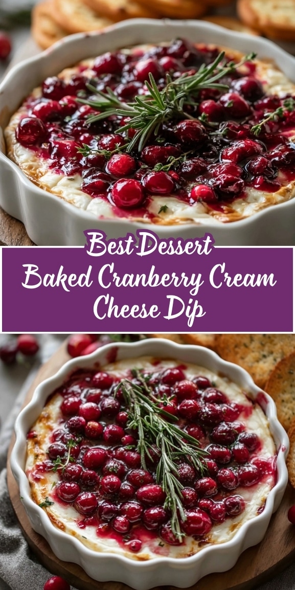 Baked cranberry cream cheese dip with sweet-tart cranberry topping and fresh rosemary, served warm in a white baking dish with toasted crackers.