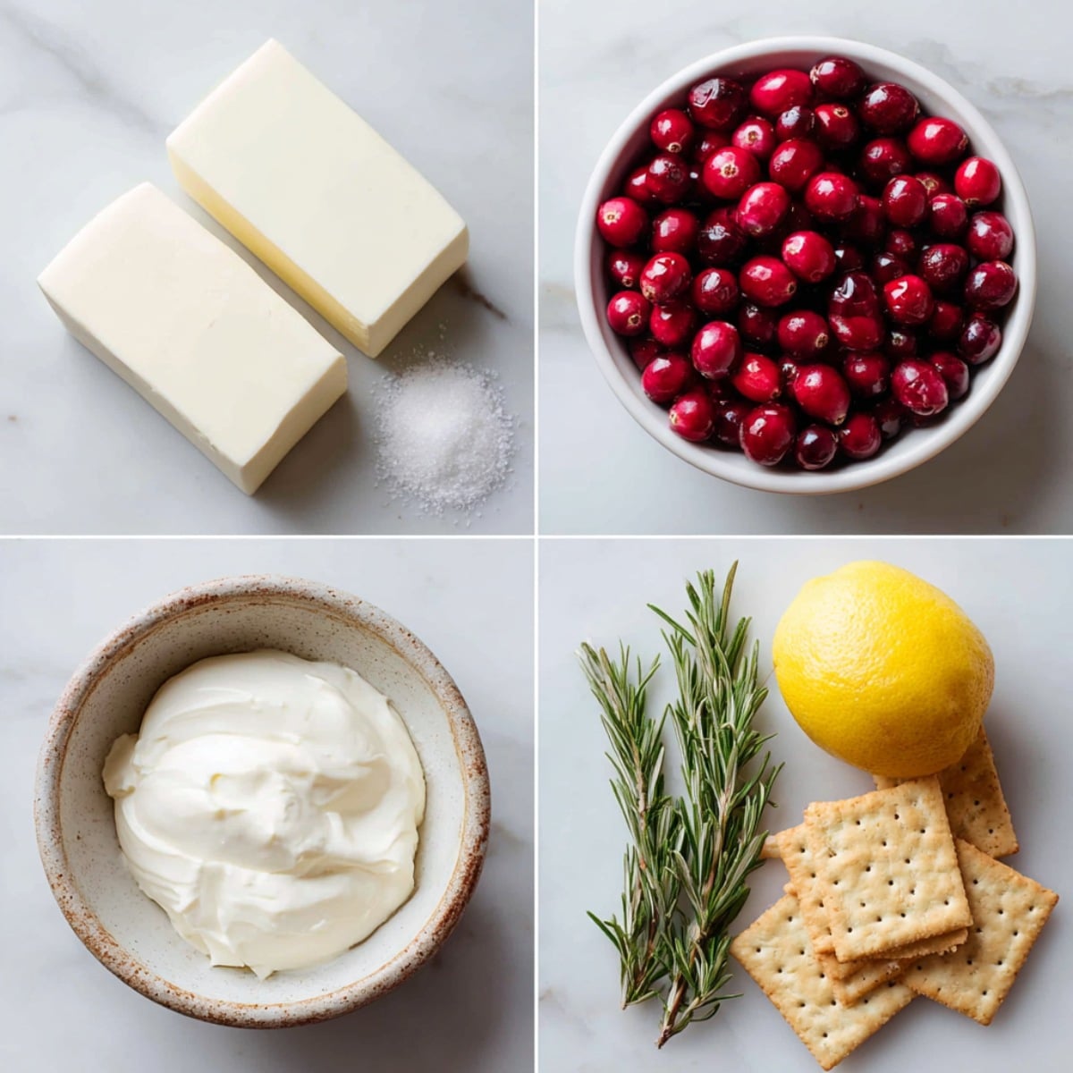 Ingredients for Baked Cranberry Cream Cheese Dip arranged in a 4-panel flat lay on a wooden table.