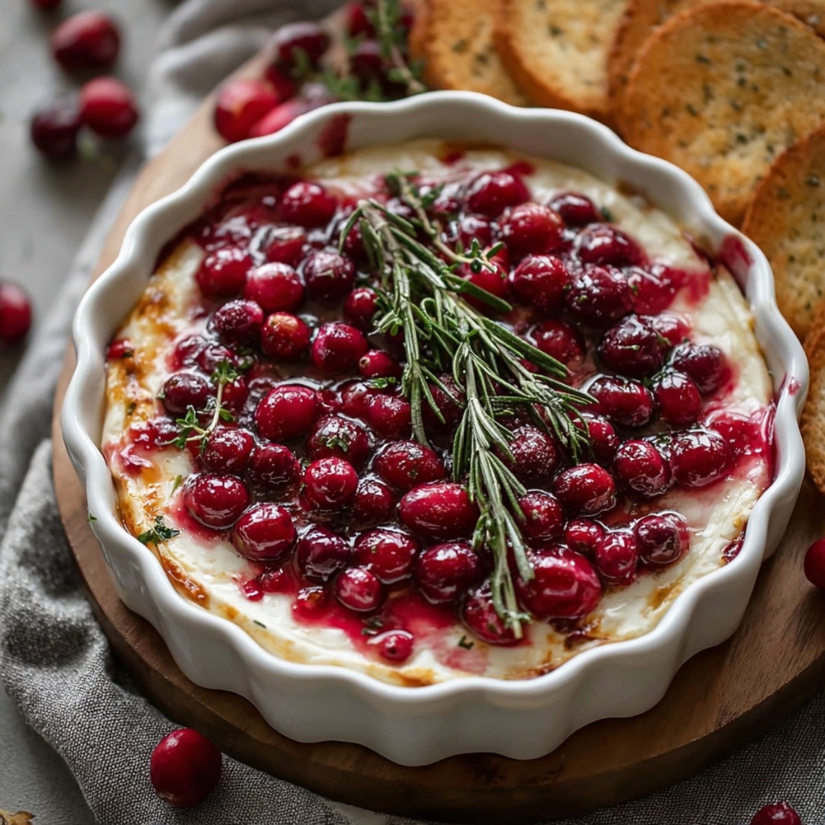 Baked cranberry cream cheese dip topped with glossy cranberry sauce and fresh rosemary, served warm with toasted crackers on a wooden board.