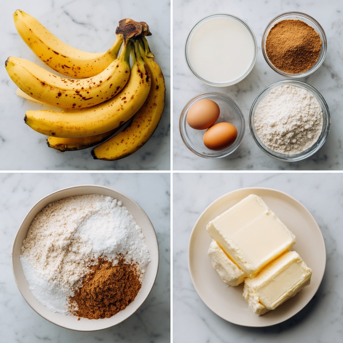 Ingredients for banana bread cinnamon rolls arranged in a 4-panel flat lay on a white marble kitchen counter.