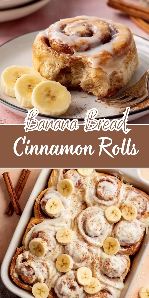 Banana bread cinnamon rolls with creamy vanilla glaze, topped with fresh banana slices and cinnamon, shown as a single roll and a full pan of soft, fluffy rolls.