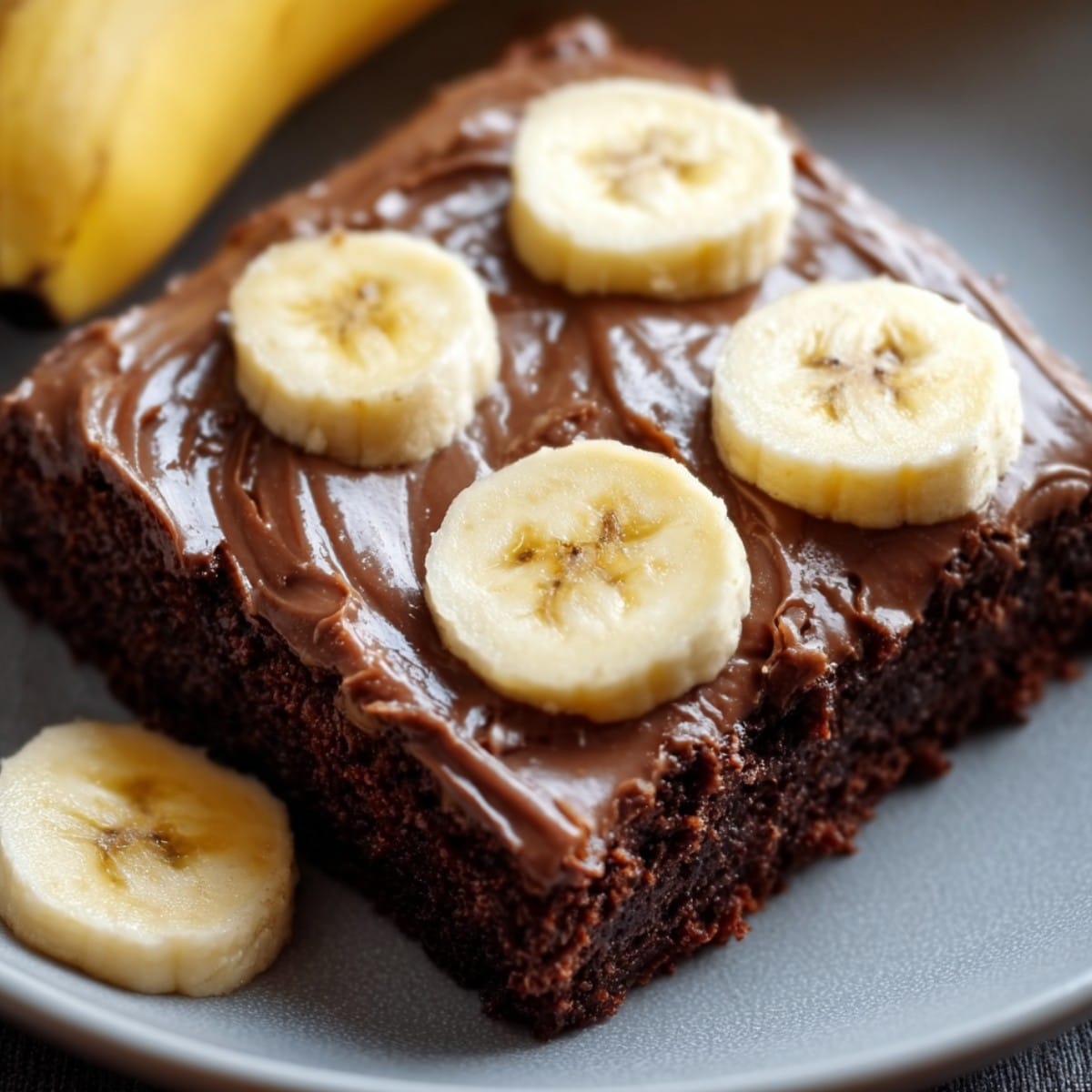 Banana brownie topped with creamy chocolate frosting and fresh banana slices, shown as a rich, fudgy square dessert on a plate.