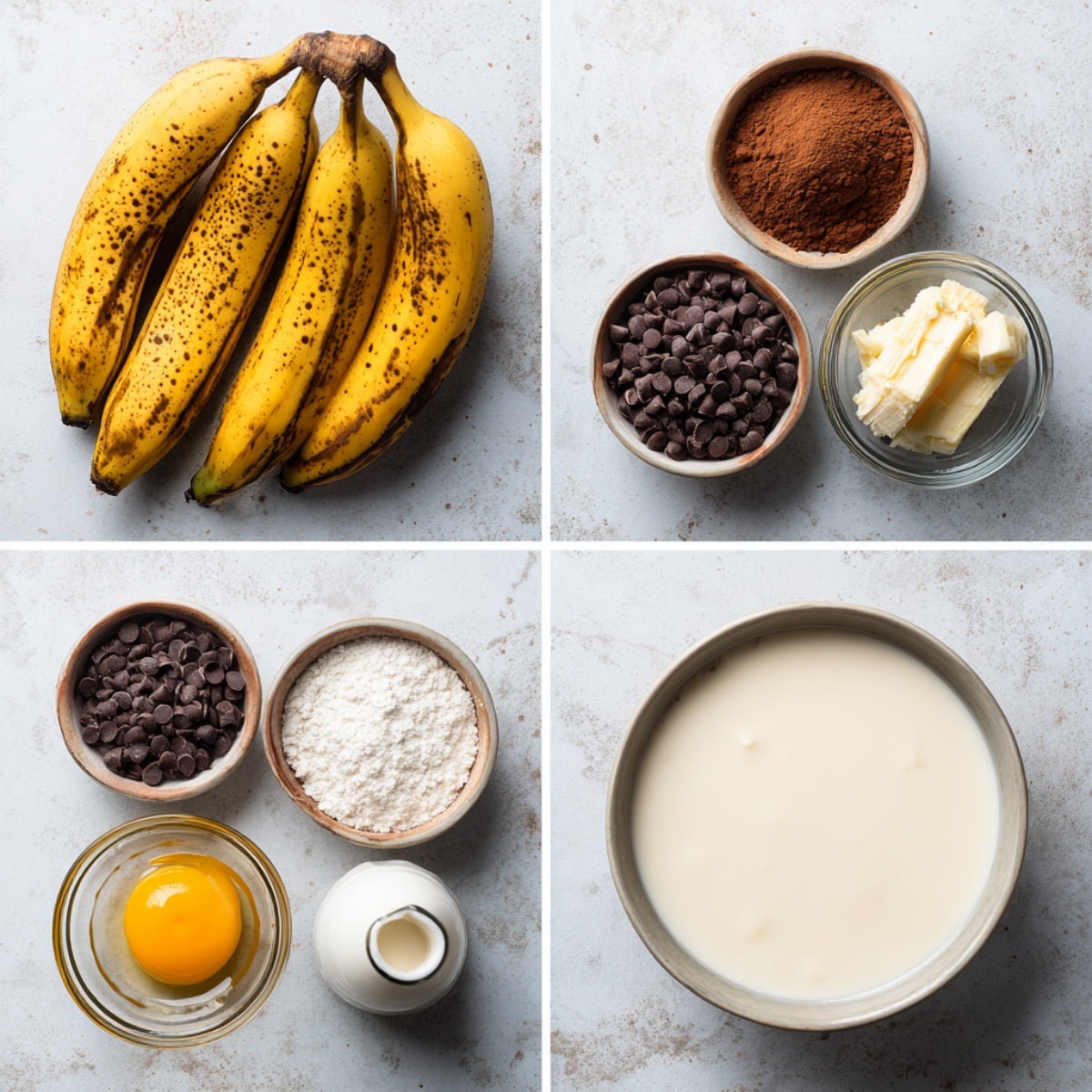 Ingredients for Banana Brownies arranged in a 4-panel flat lay on a wooden surface.