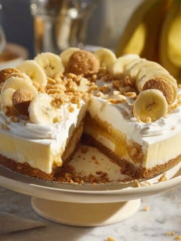 Banana pudding cheesecake topped with whipped cream, fresh banana slices, and vanilla wafers on a cake stand, featuring a creamy layered filling and graham cracker crust.