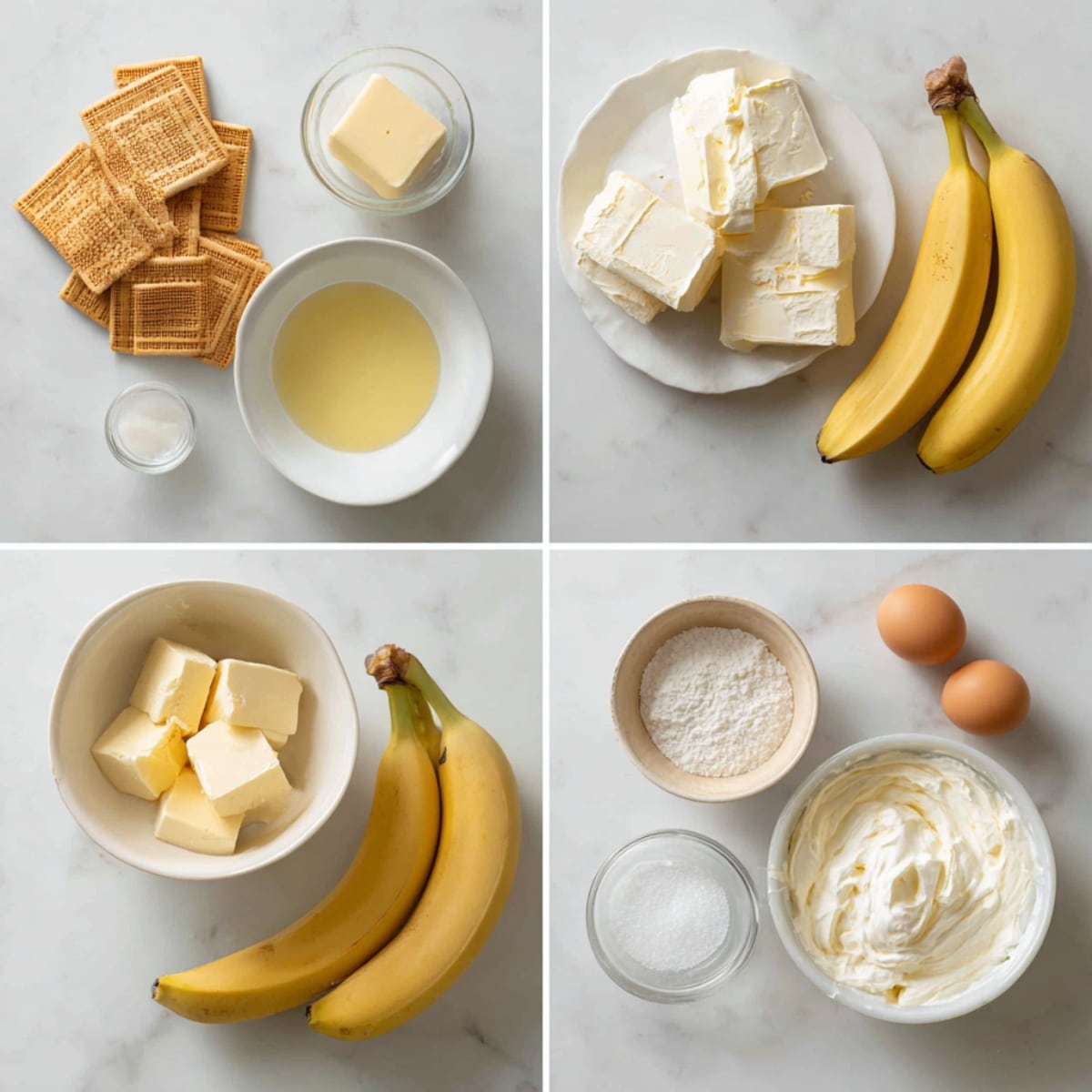 Ingredients for banana pudding cheesecake arranged in a 4-panel flat lay on a white marble kitchen counter.