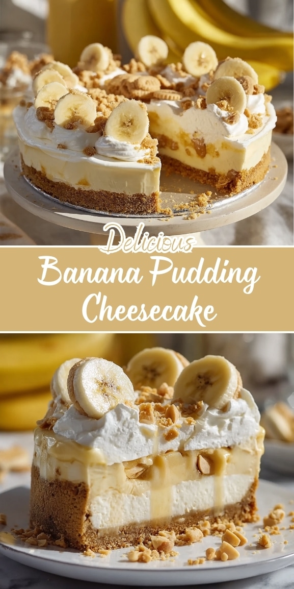 Banana pudding cheesecake with layers of creamy cheesecake and banana pudding on a graham cracker crust, topped with whipped cream, fresh banana slices, and crushed vanilla wafers.