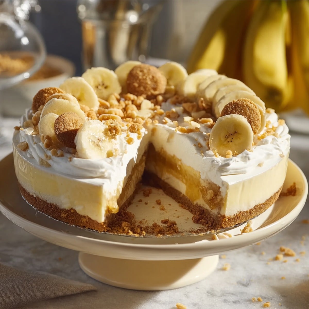 Banana pudding cheesecake topped with whipped cream, fresh banana slices, and vanilla wafers on a cake stand, featuring a creamy layered filling and graham cracker crust.