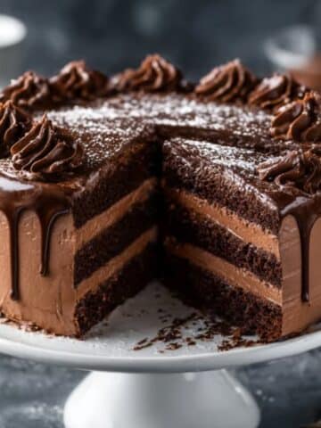 Belgian chocolate cake with rich layers, chocolate frosting, and glossy ganache drip