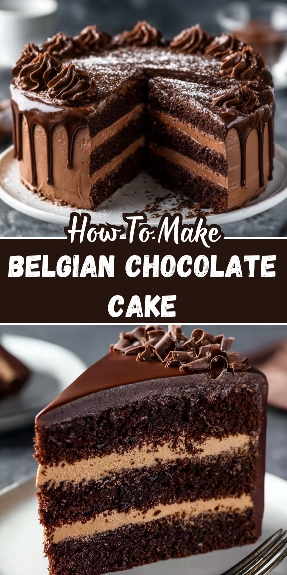 Belgian chocolate cake pin showing layered chocolate cake with frosting and ganache drip