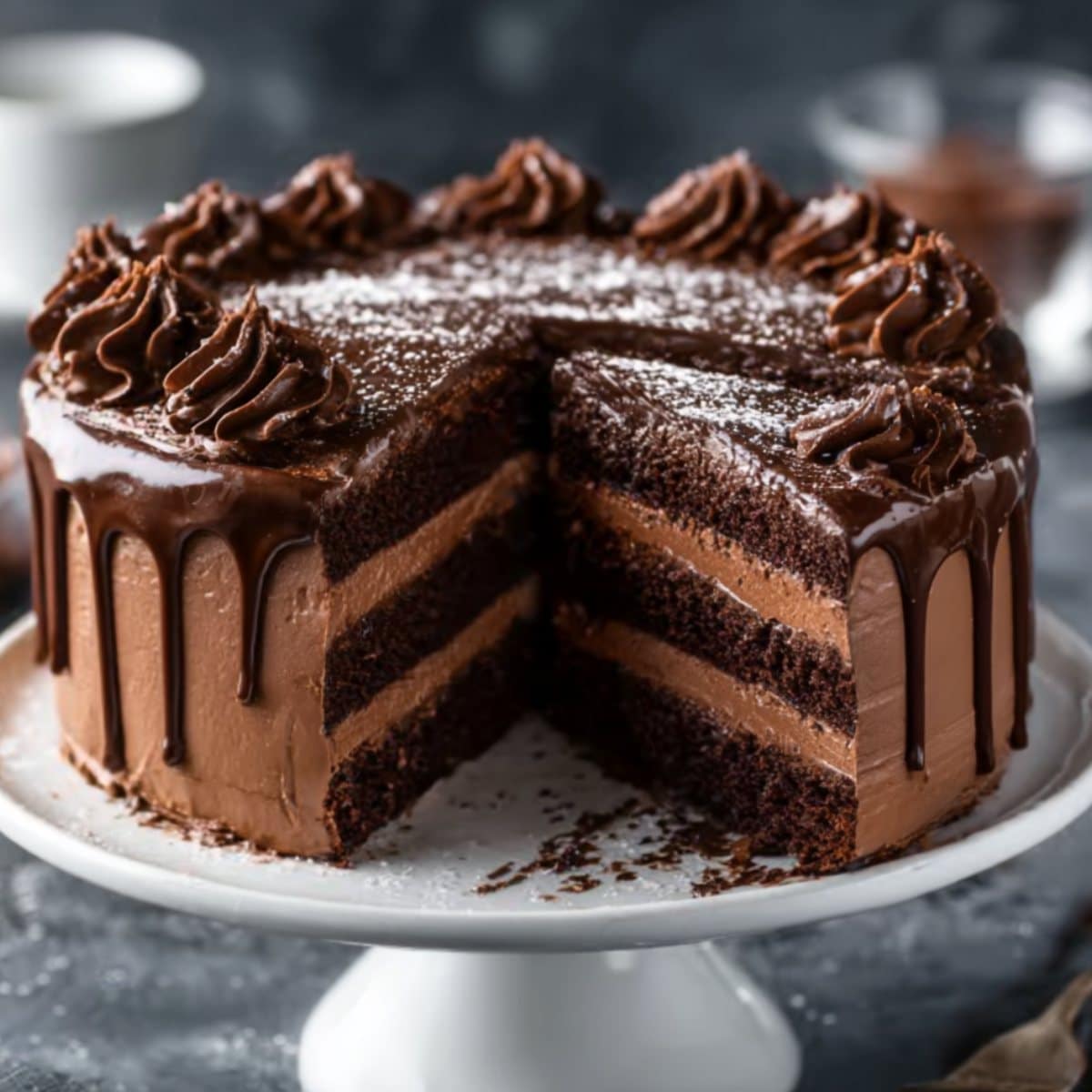 Belgian chocolate cake with rich layers, chocolate frosting, and glossy ganache drip