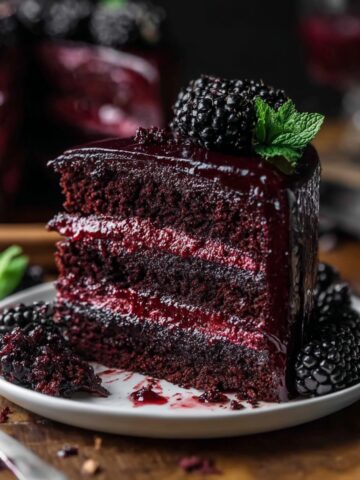 A dramatic close-up of a three-layer black velvet cake slice on a white plate, showing thick, vibrant red blackberry compote between dark, moist cake layers, topped with fresh blackberries and a sprig of mint.