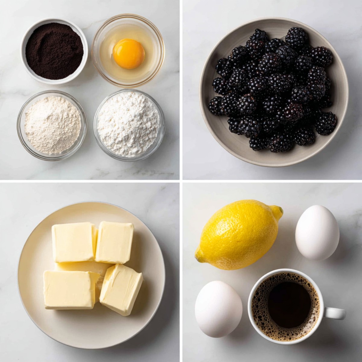 Ingredients for Black Velvet Cake including black cocoa, blackberries, and buttermilk arranged in a 4-panel flat lay.