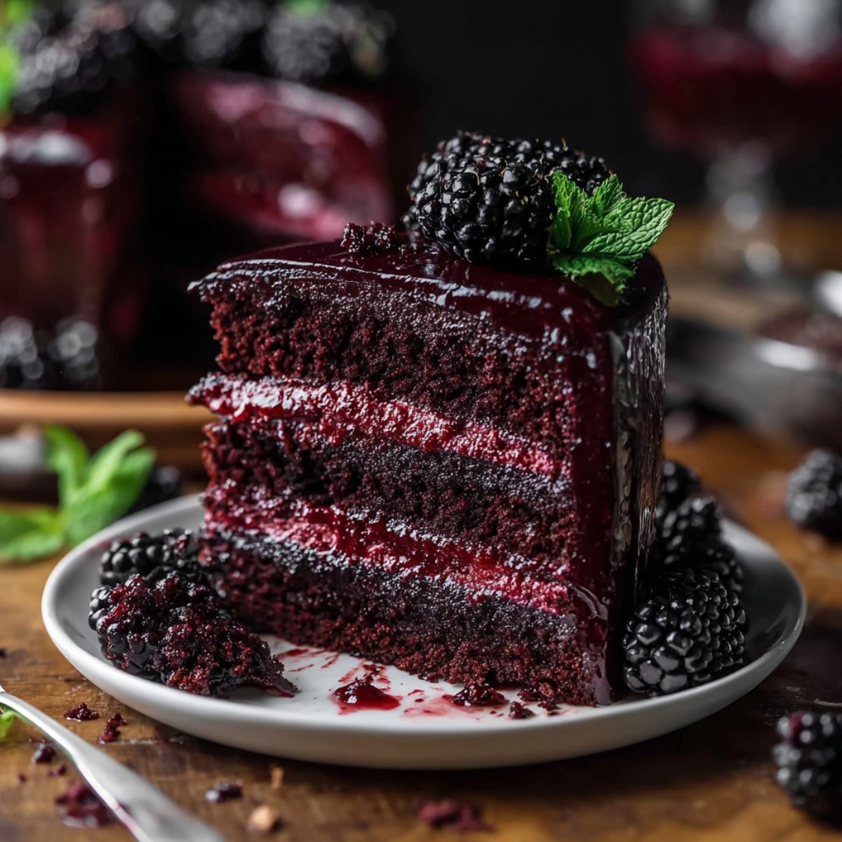 A dramatic close-up of a three-layer black velvet cake slice on a white plate, showing thick, vibrant red blackberry compote between dark, moist cake layers, topped with fresh blackberries and a sprig of mint.