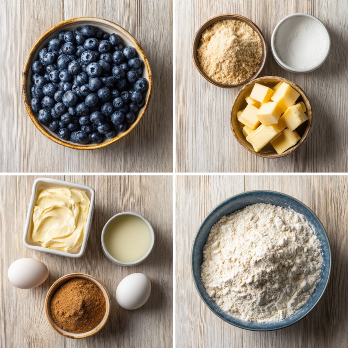 Ingredients for Blueberry Coffee Cake arranged in a 4-panel flat lay on a wooden table.