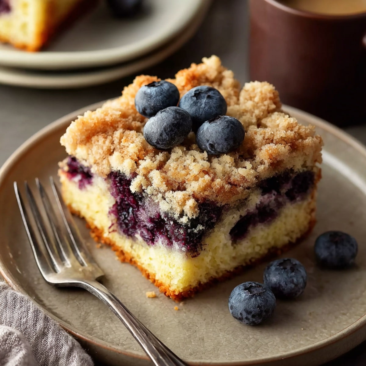 Moist blueberry coffee cake slice with a buttery crumb topping, layers of juicy blueberries, and fresh blueberries on top, served on a plate with a fork.