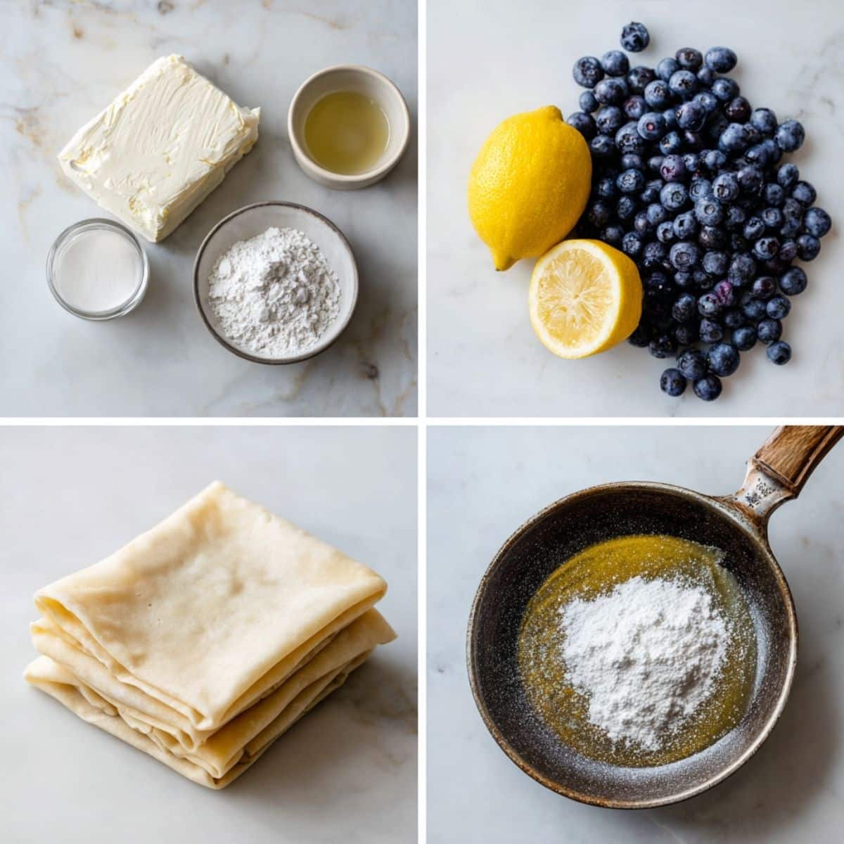 Ingredients for Blueberry Cream Cheese Egg Rolls arranged in a 4-panel flat lay on a white marble kitchen counter.