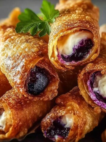 Crispy blueberry cream cheese egg rolls filled with warm blueberries and creamy cheesecake center, golden fried and stacked close up