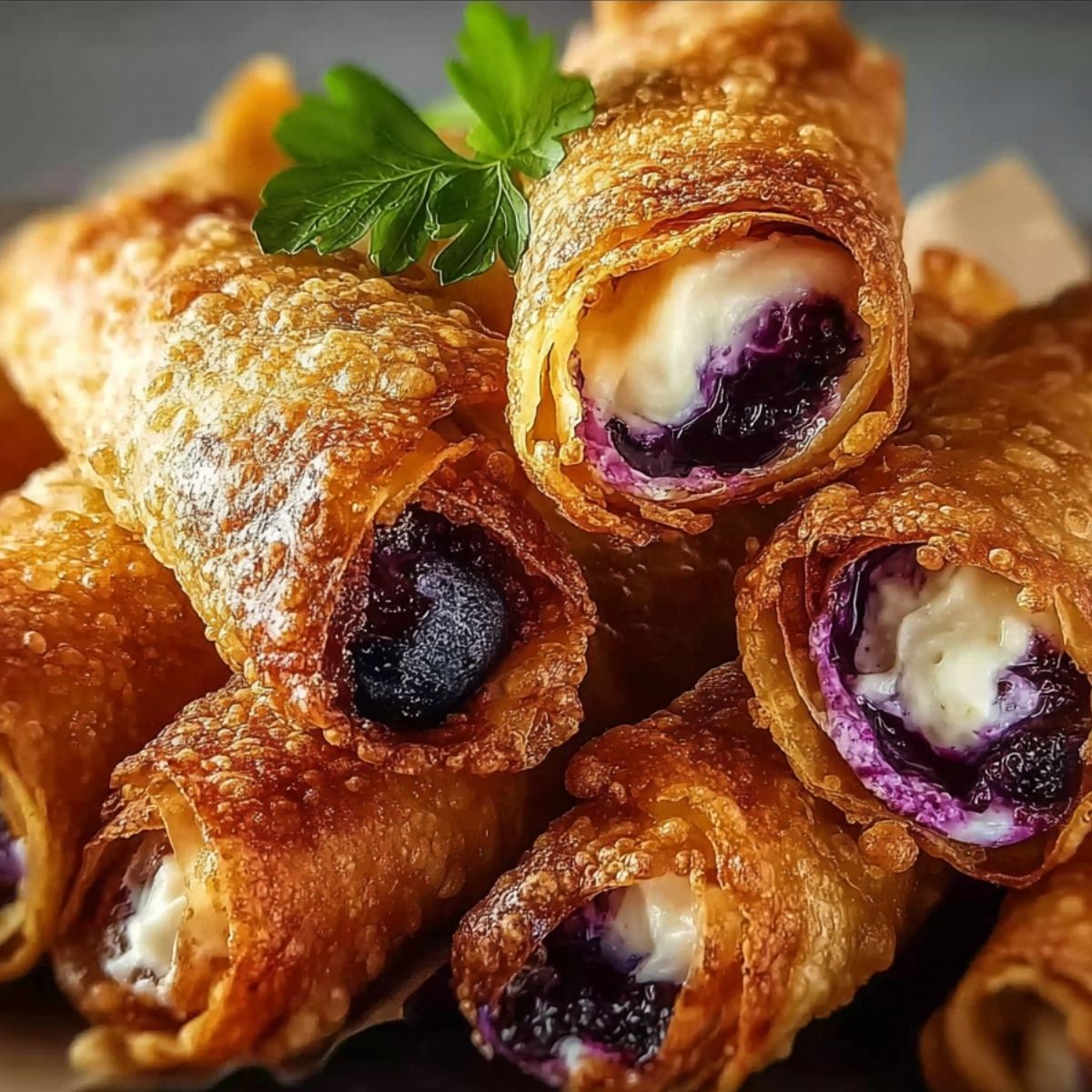 Crispy blueberry cream cheese egg rolls filled with warm blueberries and creamy cheesecake center, golden fried and stacked close up