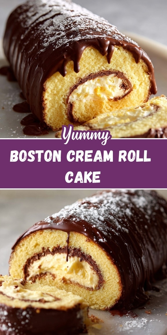Yummy Boston cream roll cake pin showing a vanilla sponge cake rolled with creamy custard filling and topped with rich chocolate ganache, lightly dusted with powdered sugar.