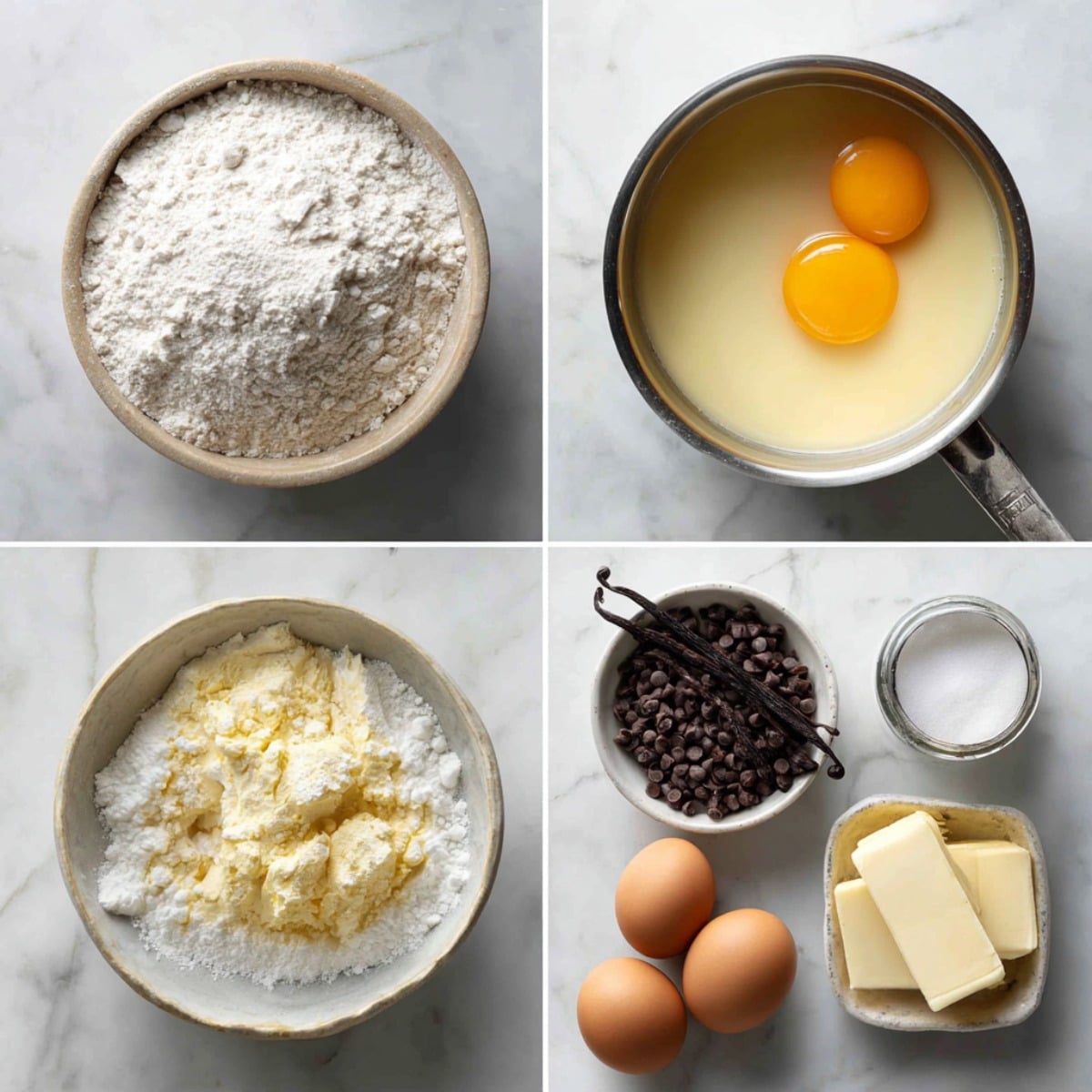 Ingredients for Boston Cream Roll Cake arranged in a 4-panel flat lay on a white marble kitchen counter.