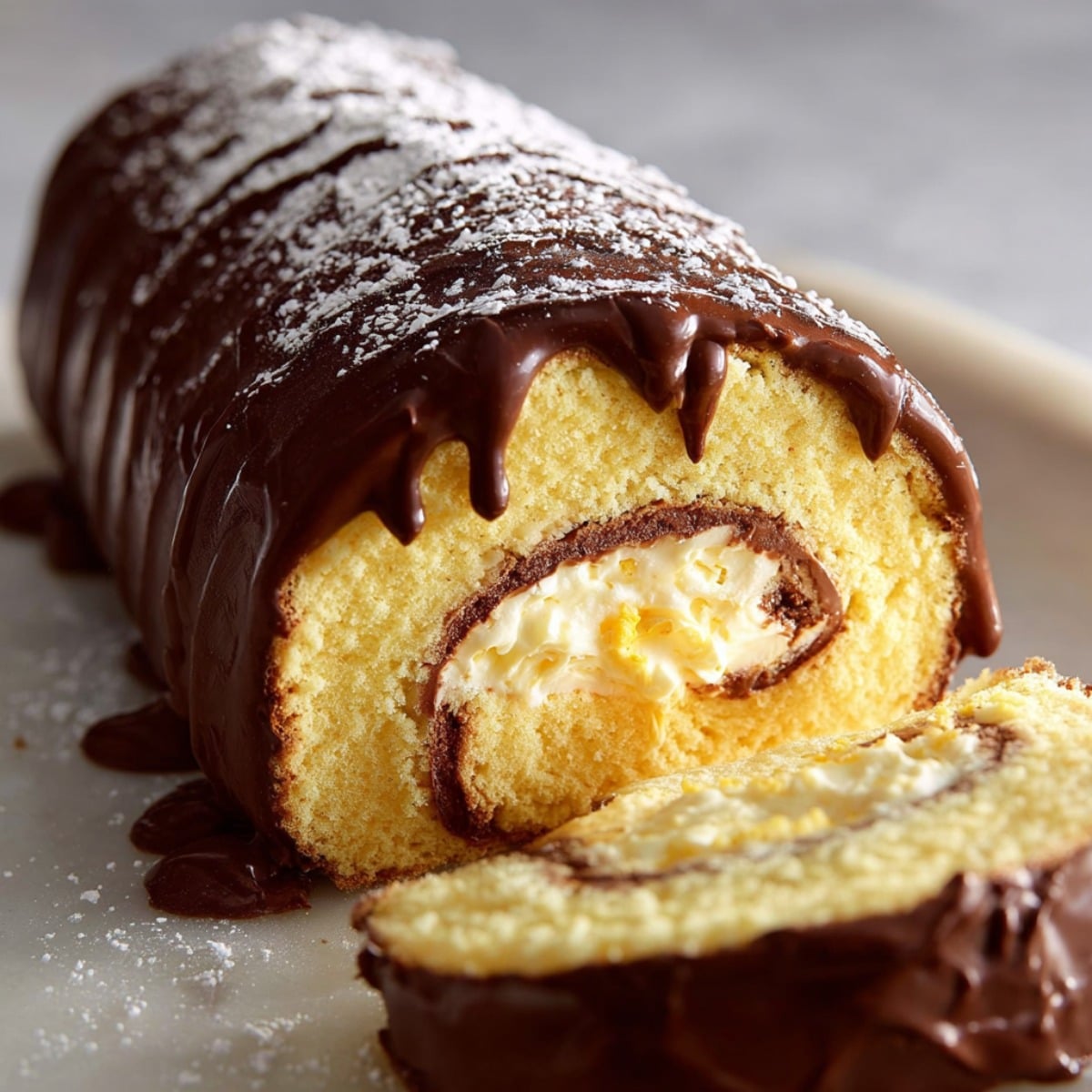 Boston cream roll cake with fluffy vanilla sponge rolled around creamy custard filling and topped with rich chocolate ganache, dusted lightly with powdered sugar.