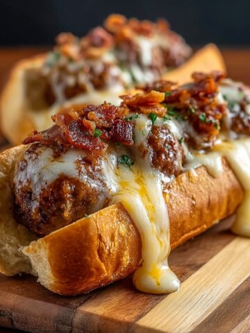 A vertical Pinterest graphic featuring two toasted sub sandwiches loaded with large meatballs, melted white cheese, and a generous topping of crispy bacon bits and parsley.