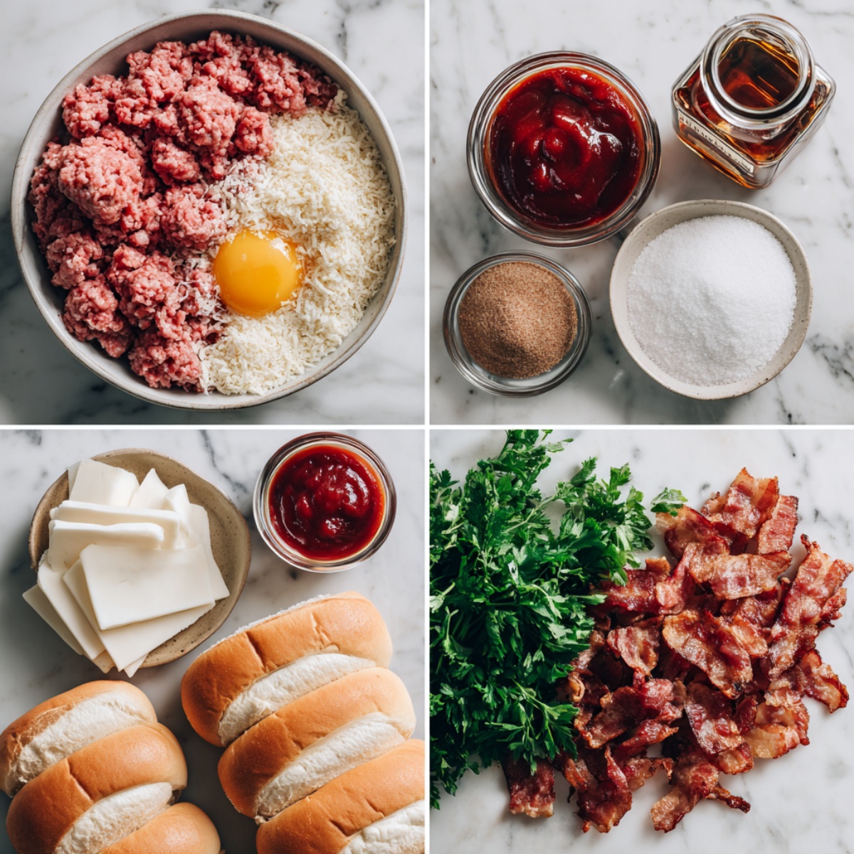Ingredients for Bourbon BBQ Bacon Meatballs arranged in a 4-panel flat lay including meat, bourbon, BBQ sauce, and bacon.