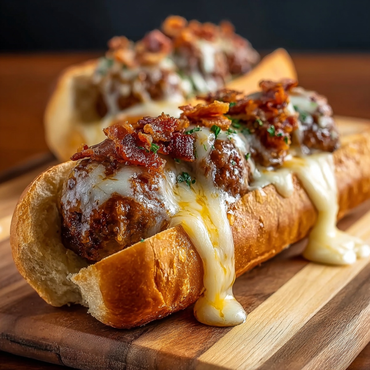 A vertical Pinterest graphic featuring two toasted sub sandwiches loaded with large meatballs, melted white cheese, and a generous topping of crispy bacon bits and parsley.