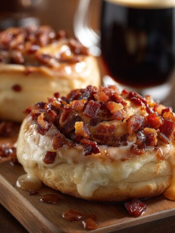 Maple bacon donuts with vanilla glaze and crispy bacon bits on top, drizzled with maple syrup, served on a wooden board with coffee in the background