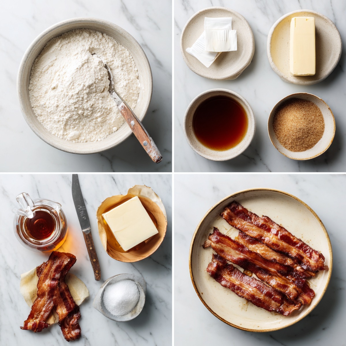 Ingredients for Bourbon Maple Bacon Cinnamon Rolls arranged in a 4-panel flat lay on a dark wood table.