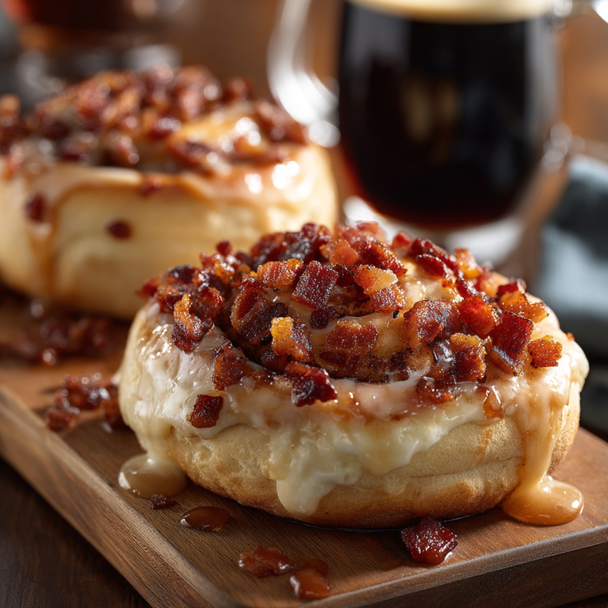 Maple bacon donuts with vanilla glaze and crispy bacon bits on top, drizzled with maple syrup, served on a wooden board with coffee in the background