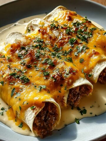 Beef and bean enchiladas topped with melted cheddar cheese, creamy white sauce, and fresh cilantro on a blue-gray plate