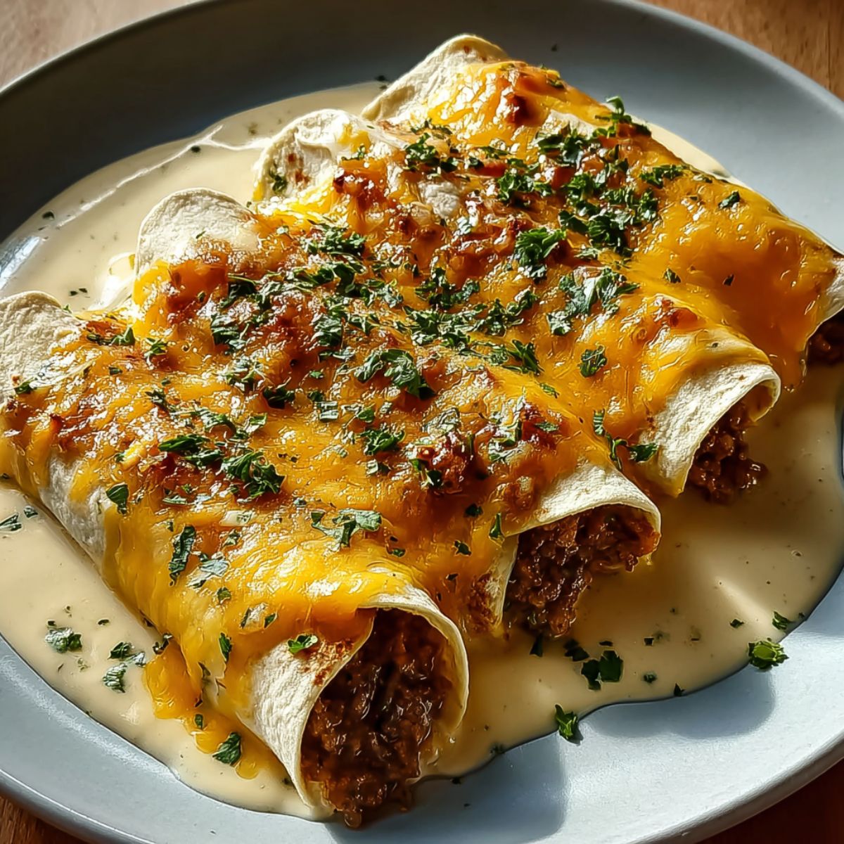 Beef and bean enchiladas topped with melted cheddar cheese, creamy white sauce, and fresh cilantro on a blue-gray plate
