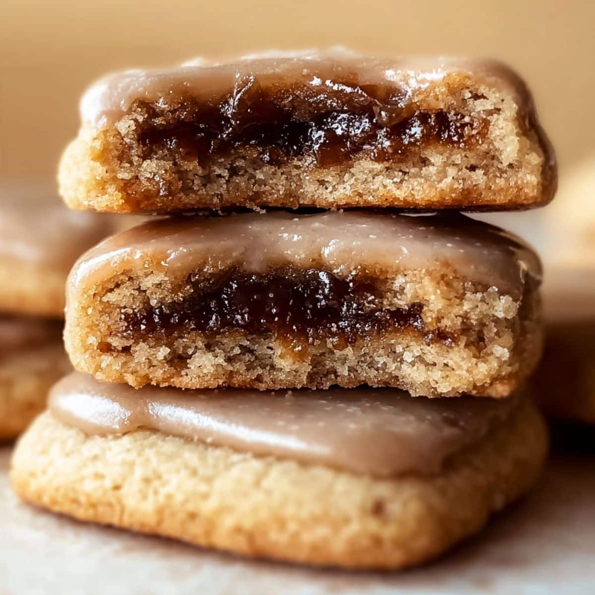 Soft brown sugar pop tart cookies with gooey cinnamon filling and glossy vanilla icing stacked to show the chewy center