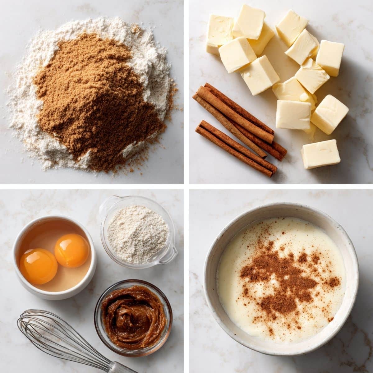Ingredients for Brown Sugar Pop Tart Cookies arranged in a 4-panel flat lay on a white marble kitchen counter.