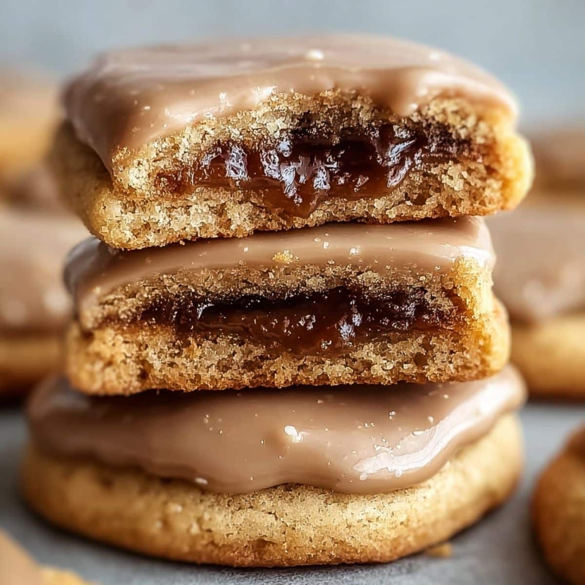Brown sugar pop tart cookies with cinnamon filling and smooth vanilla glaze stacked to show soft centers