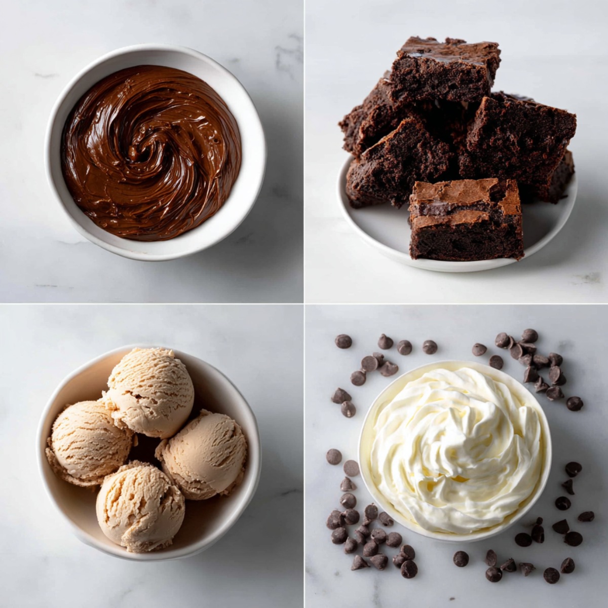 Top-down view of Brownie Batter Milkshake ingredients arranged in a 4-grid layout on a white marble surface, including thick chocolate brownie batter, fudge brownie chunks and crumbs, milk and chocolate ice cream scoops, whipped cream, and chocolate chips, styled in clean high-end food photography.