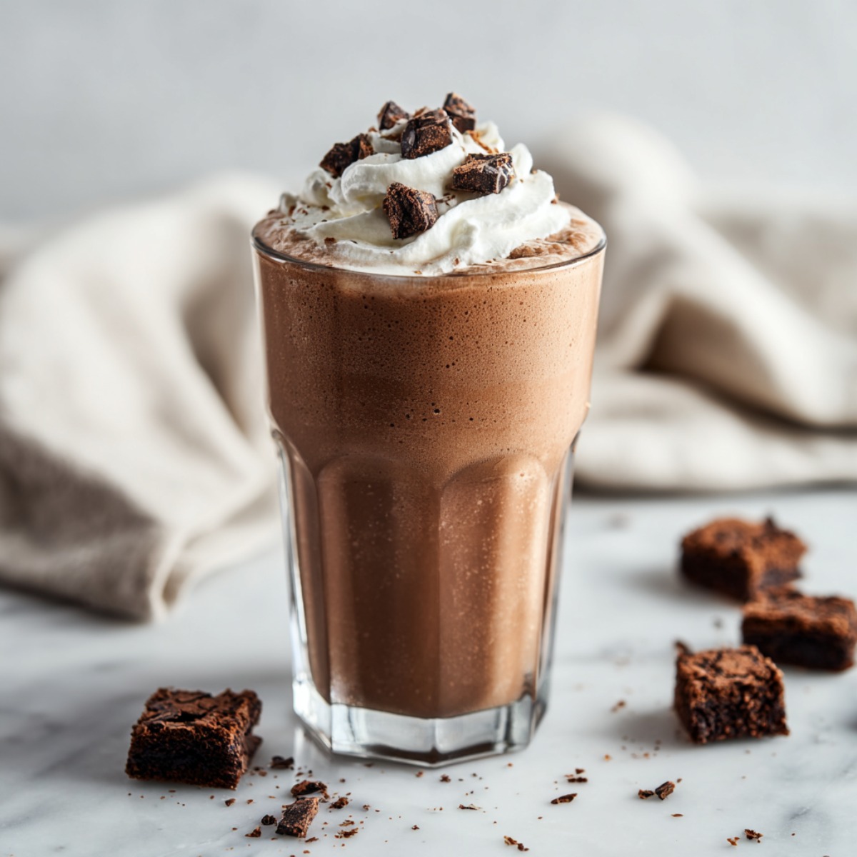 Tall glass of frozen brownie milkshake with creamy chocolate beverage, topped with swirls of whipped cream and chunks of fudgy brownies, served on a marble surface with brownie pieces scattered around and a white cloth napkin in the background.