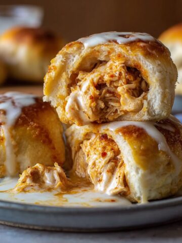 Buffalo chicken sweet rolls with golden-brown tops, white glaze drizzle, filled with shredded chicken in buffalo sauce, shown stacked with one cut in half to reveal the spicy chicken filling