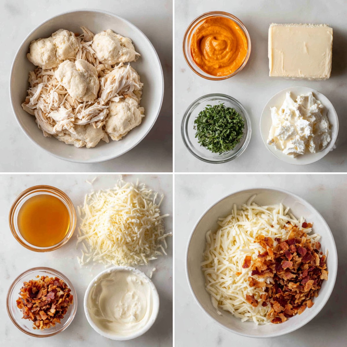 Ingredients for Buffalo Chicken Bombs arranged in a 4-panel flat lay on a white marble kitchen counter.