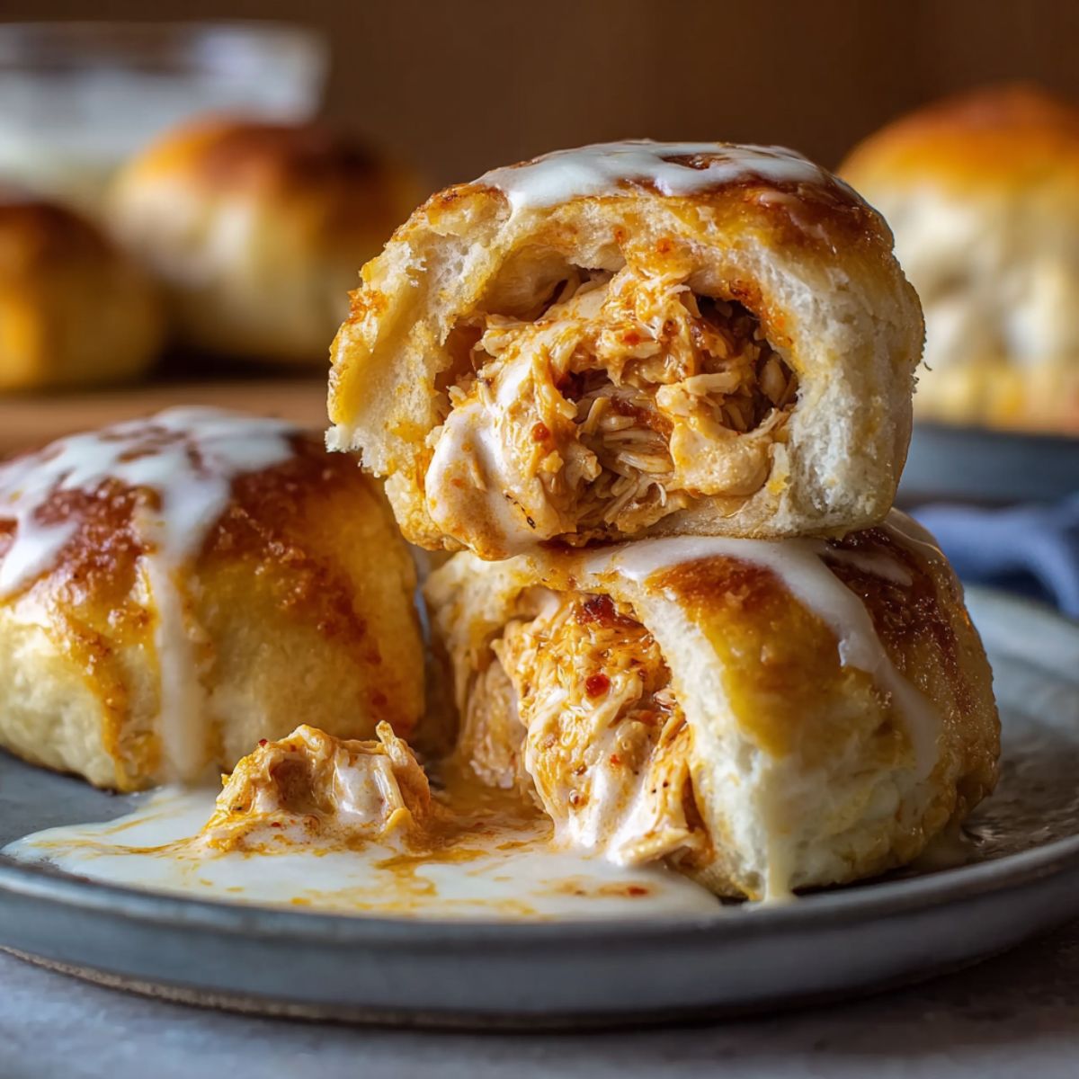 Buffalo chicken sweet rolls with golden-brown tops, white glaze drizzle, filled with shredded chicken in buffalo sauce, shown stacked with one cut in half to reveal the spicy chicken filling