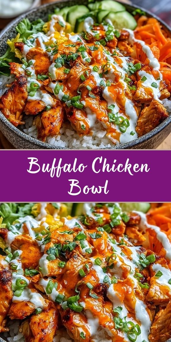 Buffalo chicken bowl with spicy buffalo-sauced chicken over rice, drizzled with creamy ranch dressing and topped with green onions, served with cucumber slices, shredded carrots, and fresh greens.