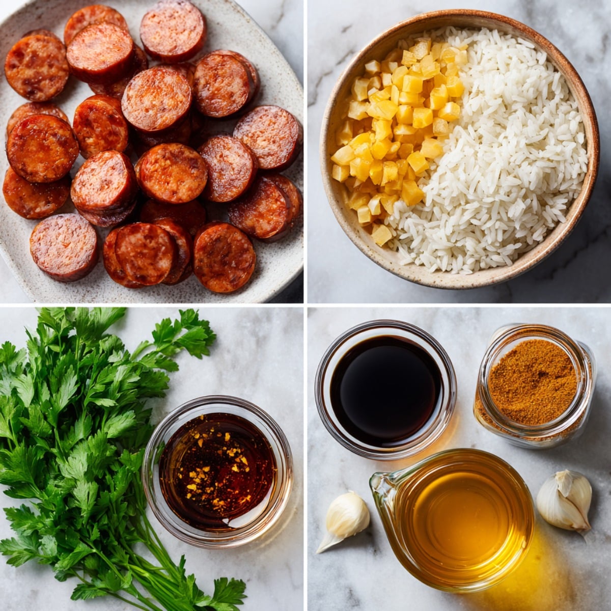 Ingredients for Cajun honey garlic sausage rice arranged in a 4-panel flat lay on a white marble kitchen counter.