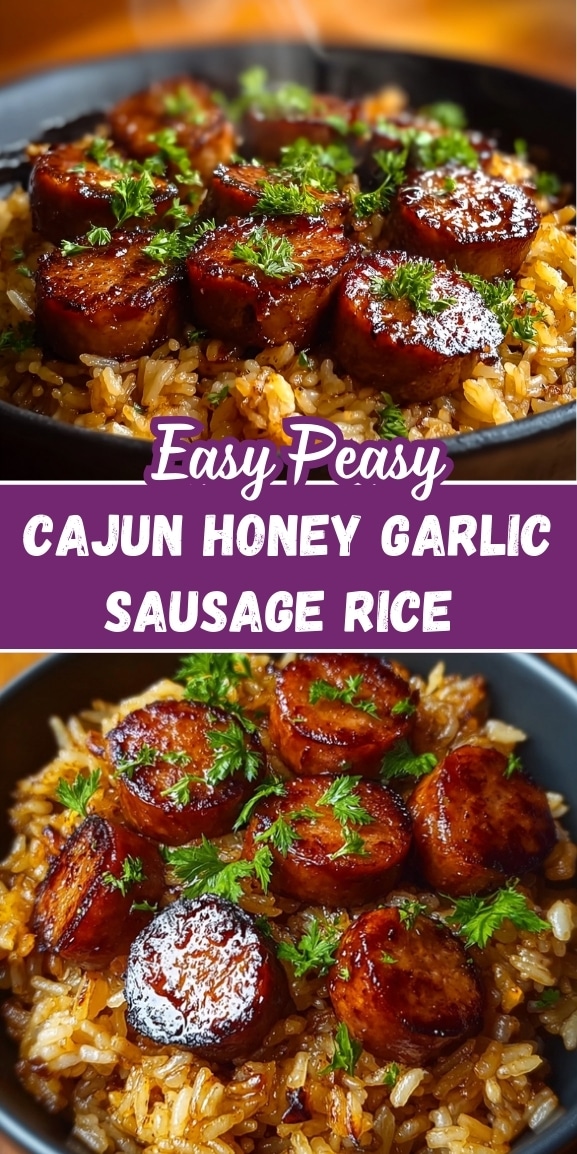 Easy peasy Cajun honey garlic sausage rice with caramelized sausage rounds, golden seasoned rice, and fresh parsley served in a black bowl.