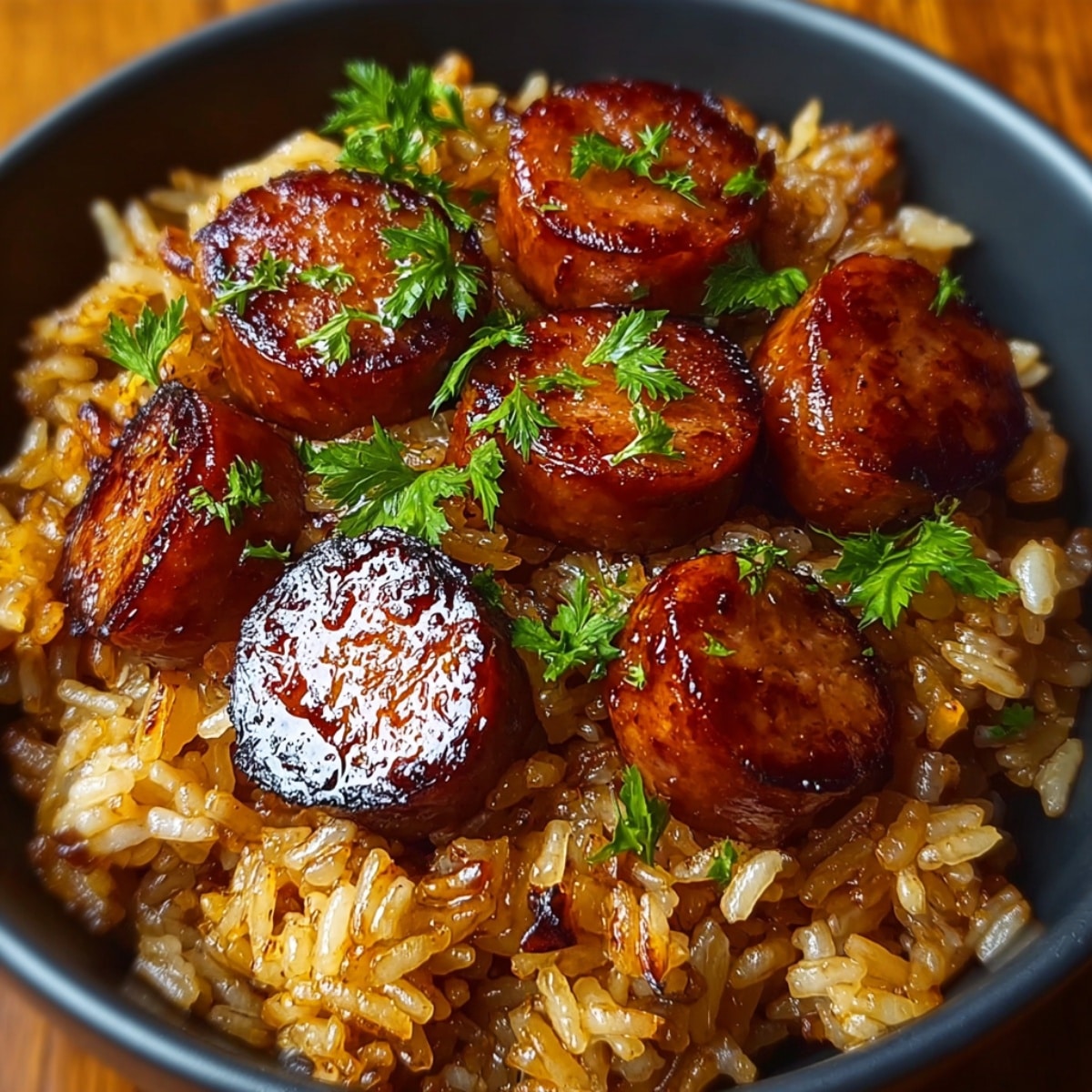 Cajun honey garlic sausage rice served in a bowl with caramelized sausage slices, seasoned rice, and fresh parsley garnish.